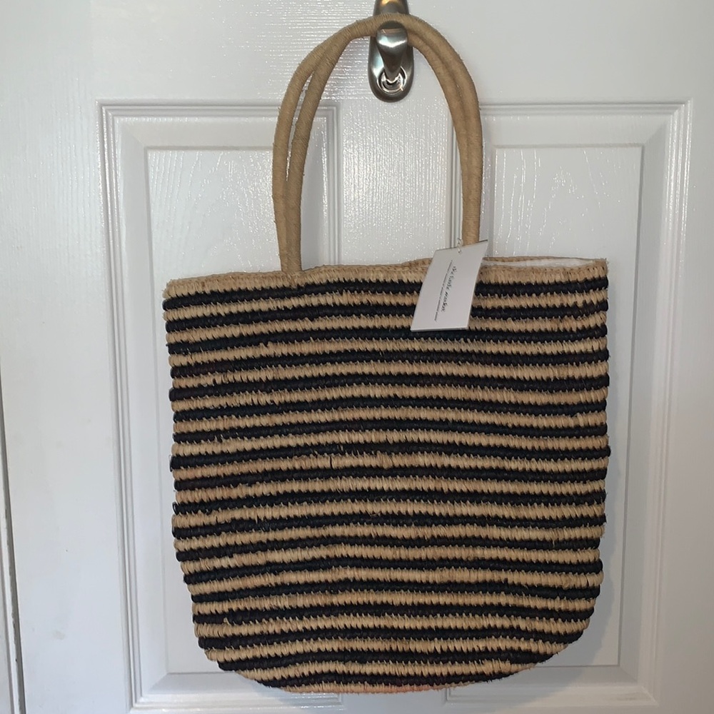 The Little Market Handmade Black and Natural Striped Tote with handles